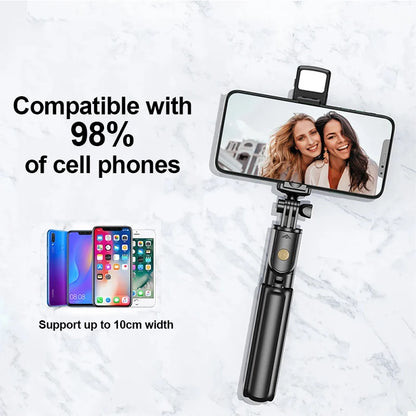 Trådlös Selfiepinne med Stativ, LED-Ljus & Bluetooth Fjärrkontroll – Perfekt för Foto & Video